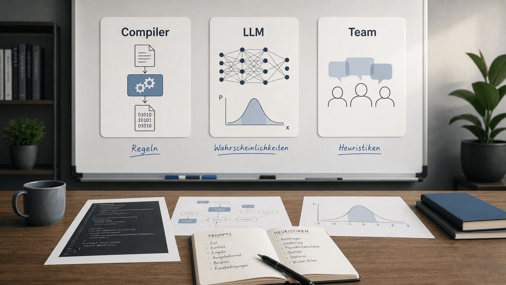 Editorial cover image with a workspace, code, prompt notes and three cards for compiler, LLM and team.