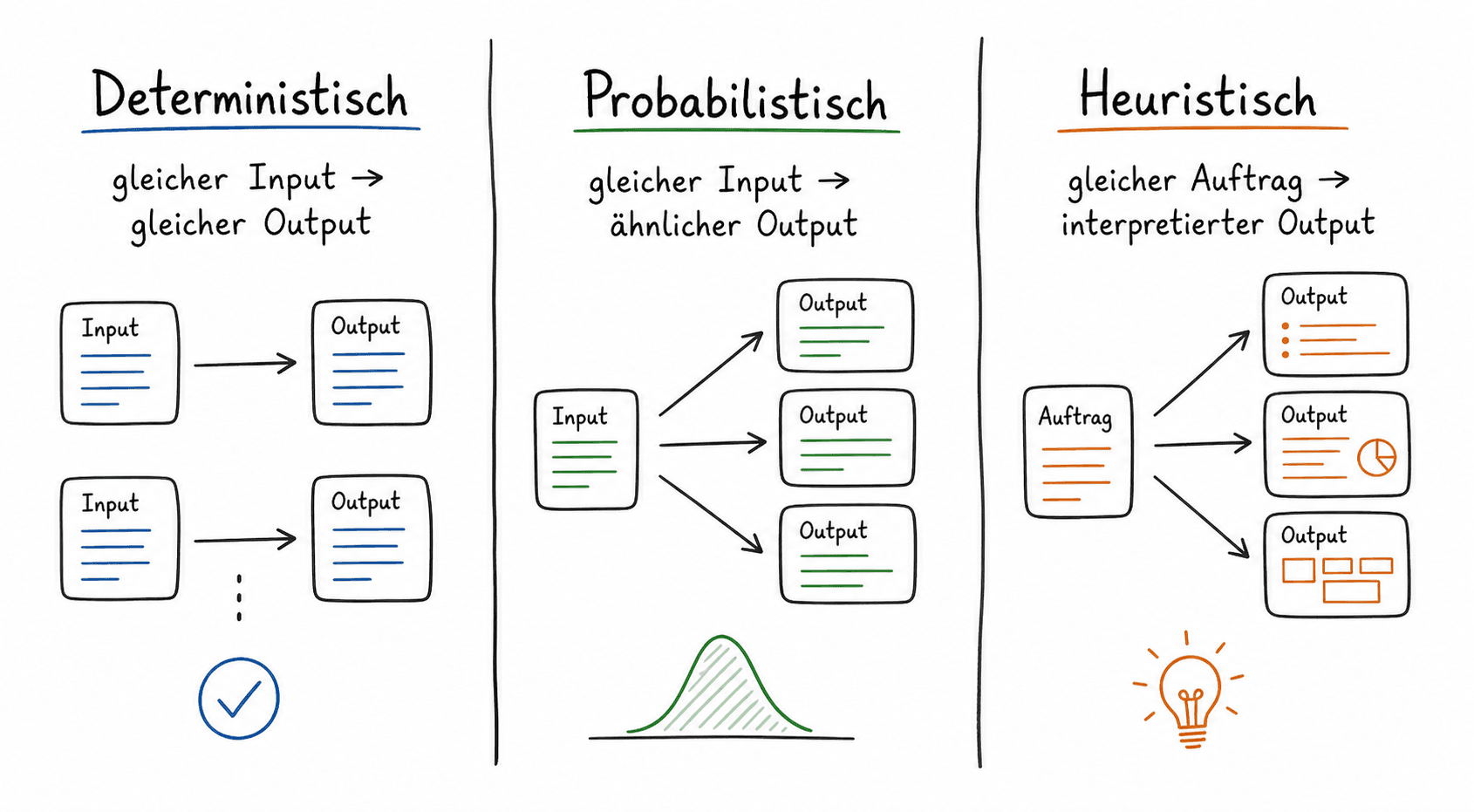 Whiteboard sketch comparing deterministic, probabilistic and heuristic systems in three columns.