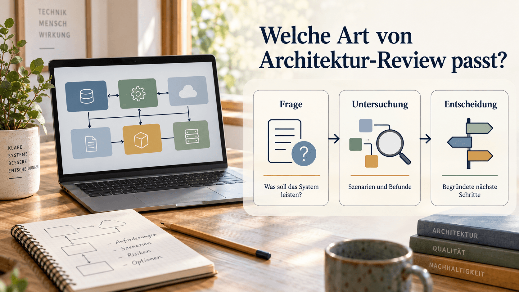 Arbeitsplatz mit Systemskizze und den Schritten Frage, Untersuchung und Entscheidung.