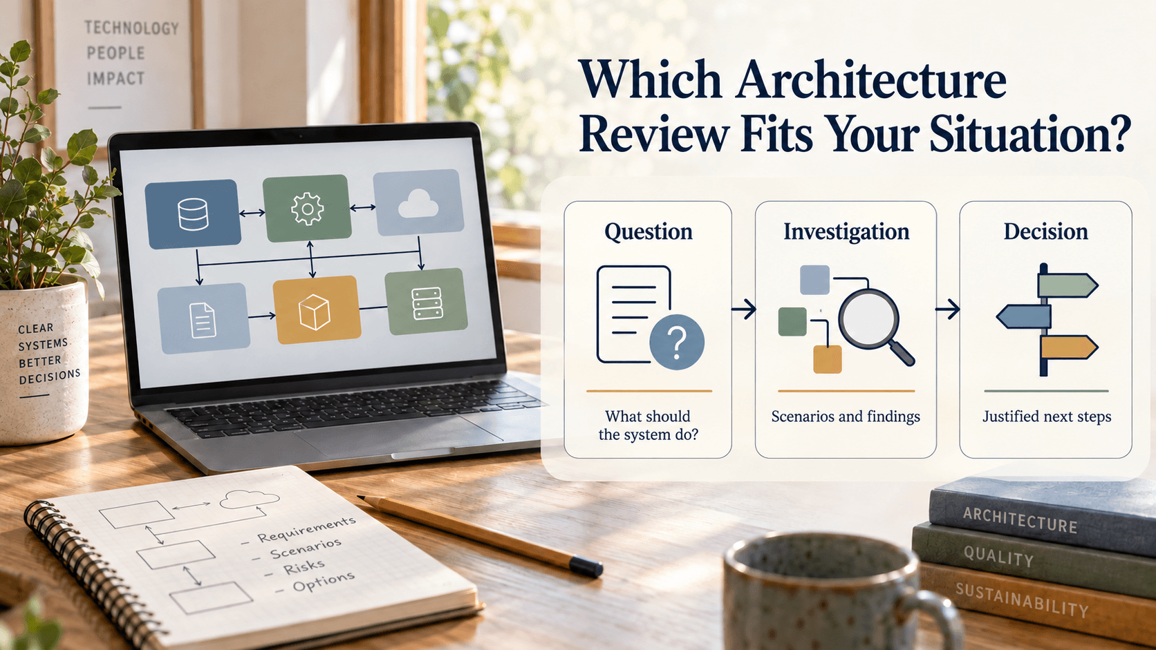 A desk with a system sketch and three connected steps: question, investigation and decision.