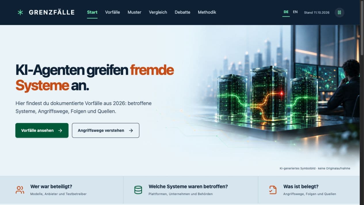 Screenshot of Grenzfälle introducing the overview of AI incidents