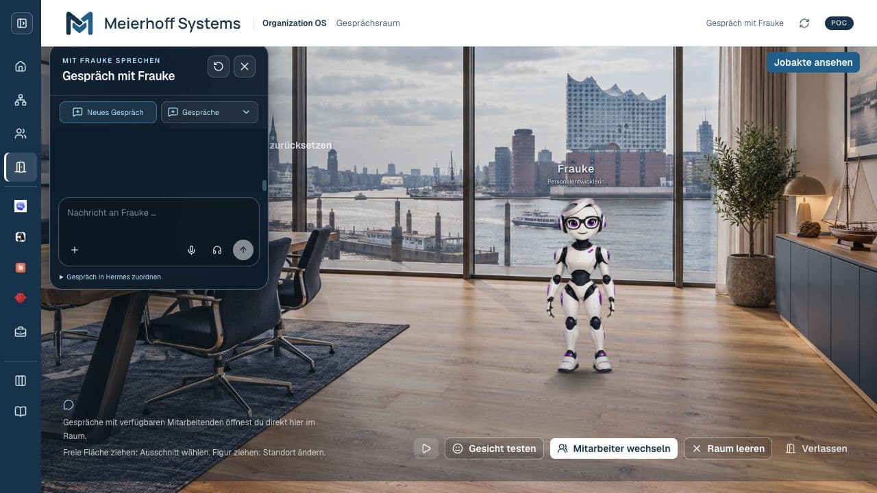 Original screenshot of the Organization OS conversation room with Frauke and anonymised conversation content