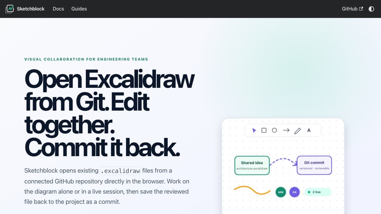 Screenshot of the Sketchblock project page: open Excalidraw files from Git, edit them together, and save them back as a commit