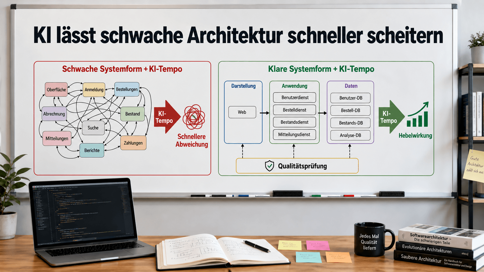 Hybrides Titelbild mit zwei Softwarearchitektur-Diagrammen: KI beschleunigt bei einer schwachen Systemform das Abdriften und macht eine klare Systemform zum Hebel.