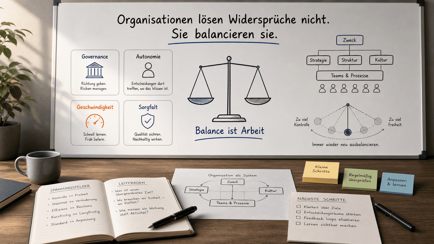 Hybrid-Titelbild mit Organisation, Waage, Pendel und mehreren Spannungskarten.