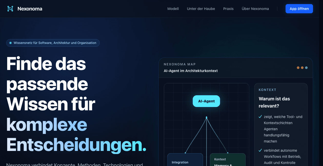 A look at Nexonoma’s home page and its knowledge map for an AI agent